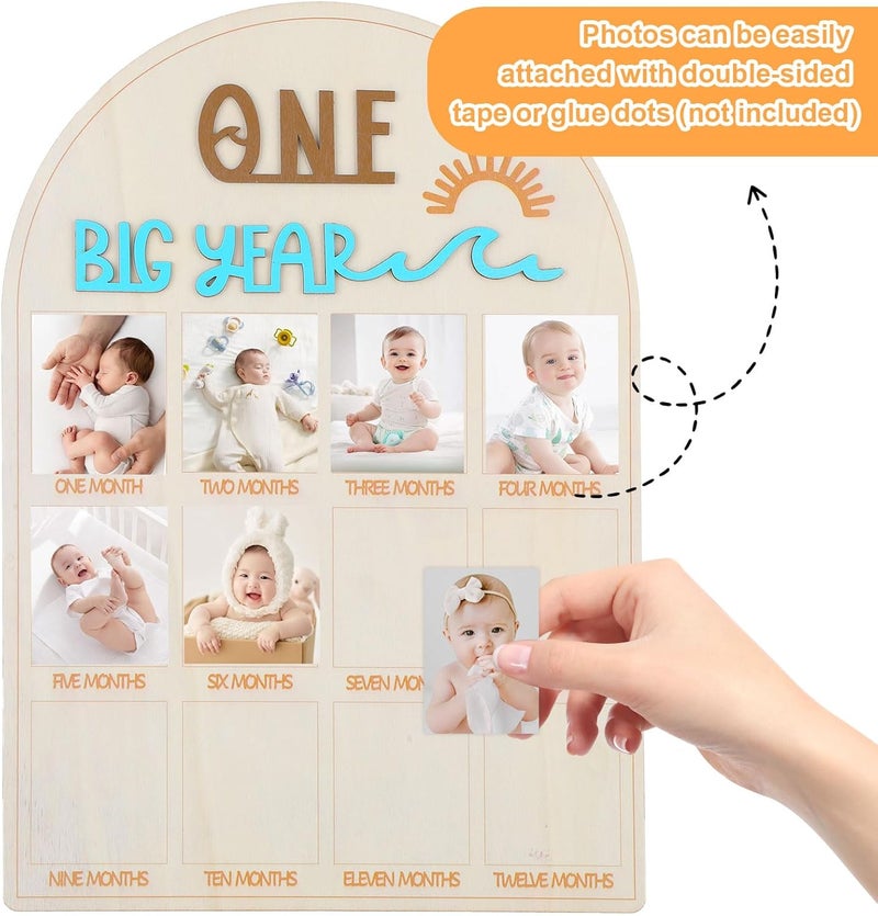 Yuuchoringee My First Year Photo Board Frame Milestones, One Year Birthday Wooden Photo Board, 12 Monthly Picture Frame Baby Wood Acrylic Sign 1st First Birthday Decorations for Girl Baby Keepsake Gifts(SyleA) - Image 3